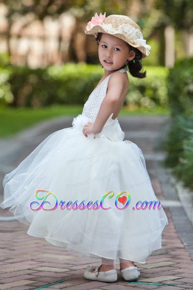 White A-line Halter Ankle-length Taffeta And Tulle Beading And Hand Made Flowers Flower Girl Dress