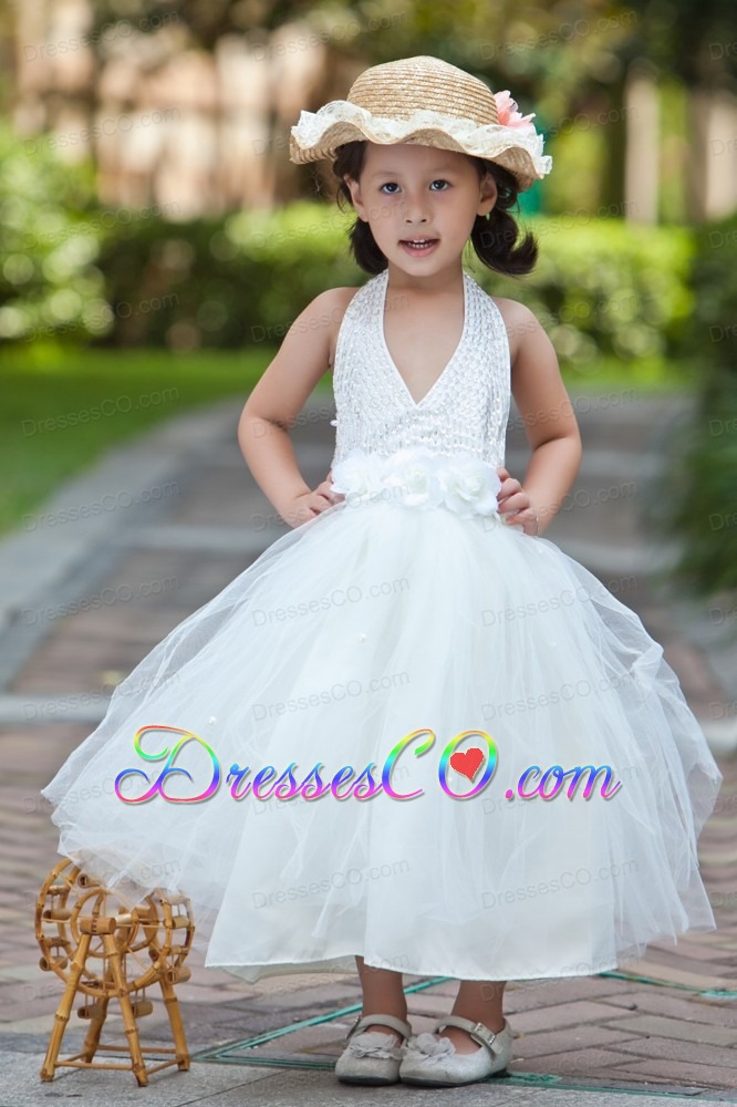 White A-line Halter Ankle-length Taffeta And Tulle Beading And Hand Made Flowers Flower Girl Dress