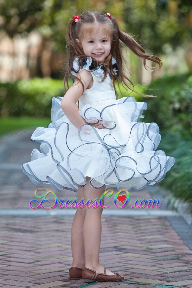 White A-line V-neck Mini-length Taffeta And Organza Hand Made Flowers Flower Girl Dress
