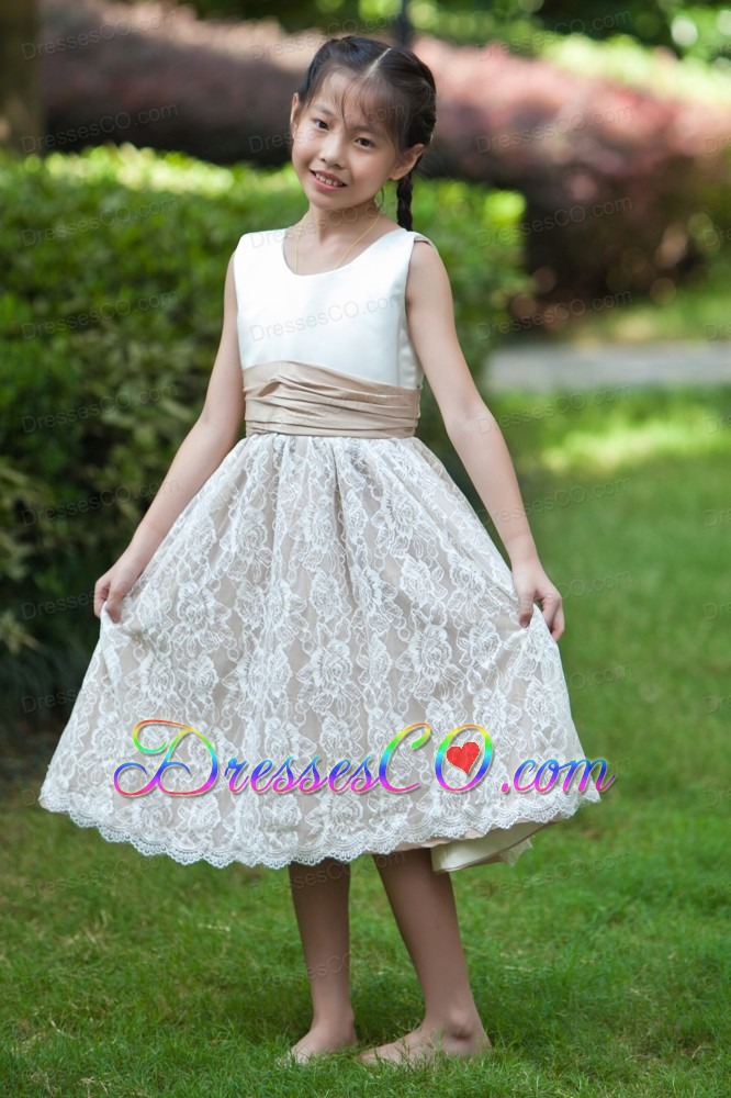 White And Champagne A-line Scoop Tea-length Taffeta And Lace Flower Girl Dress