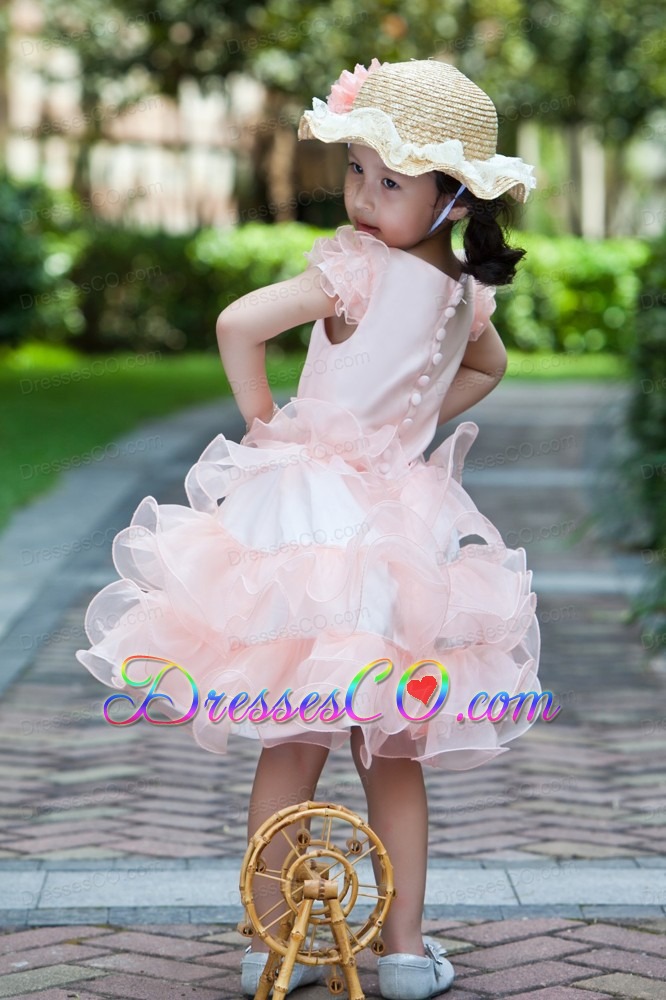 White And Watermelon Red A-line Scoop Knee-length Satin And Organza Ruffles Flower Girl Dress