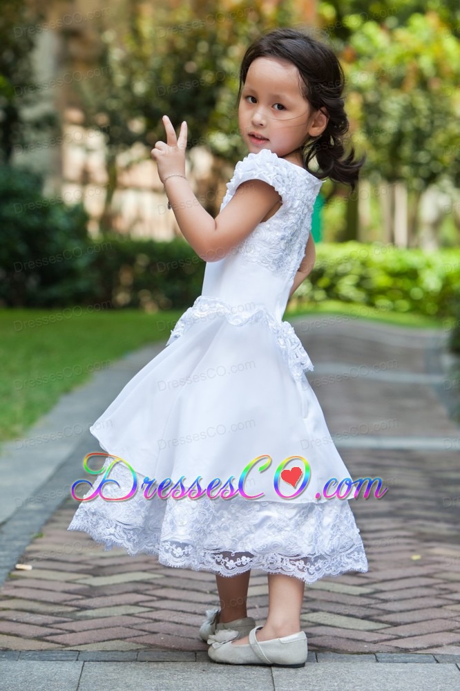 White A-line Scoop Ankle-length Taffeta And Lace Flower Girl Dress