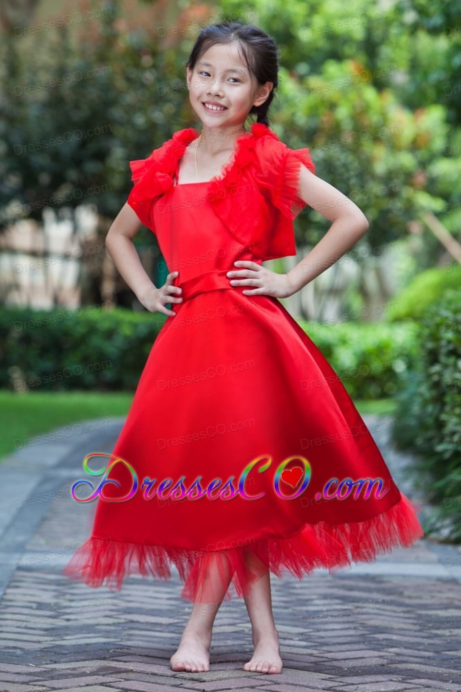 Red A-line Square Ankle-length Satin And Tulle Flower Girl Dress