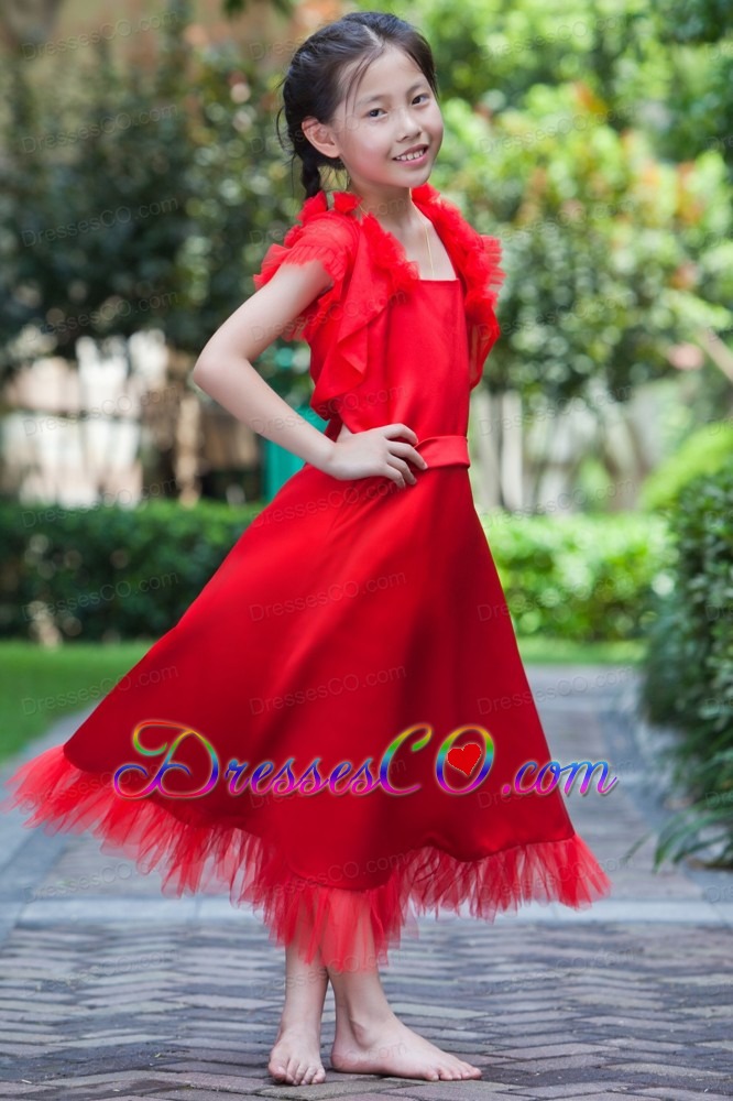 Red A-line Square Ankle-length Satin And Tulle Flower Girl Dress