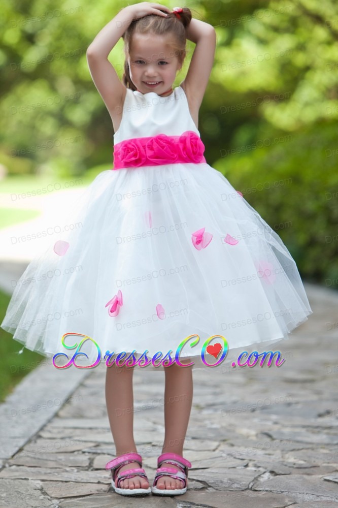 White Ball Gown Scoop Tea-length Taffeta And Tulle Hand Made Flowers Flower Girl Dress