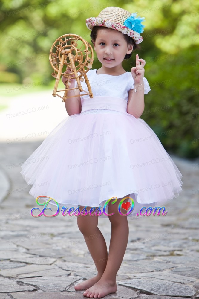 White And Pink Ball Gown Scoop Knee-length Taffeta And Tulle Flower Girl Dress