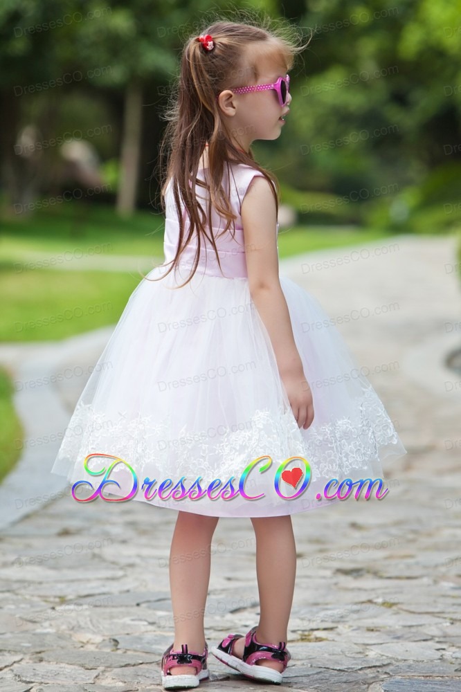 Pink Ball Gown Scoop Tea-length Taffeta And Organza Appliques Flower Girl Dress
