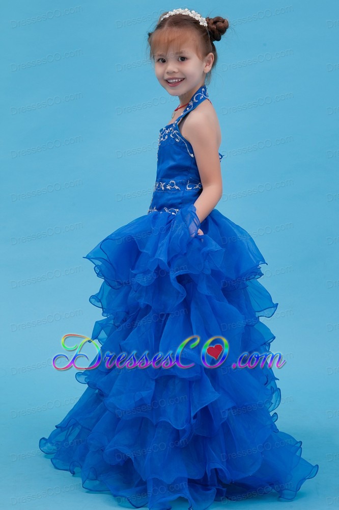 Blue Ball Gown Halter Long Organza Appliques Flower Girl Dress