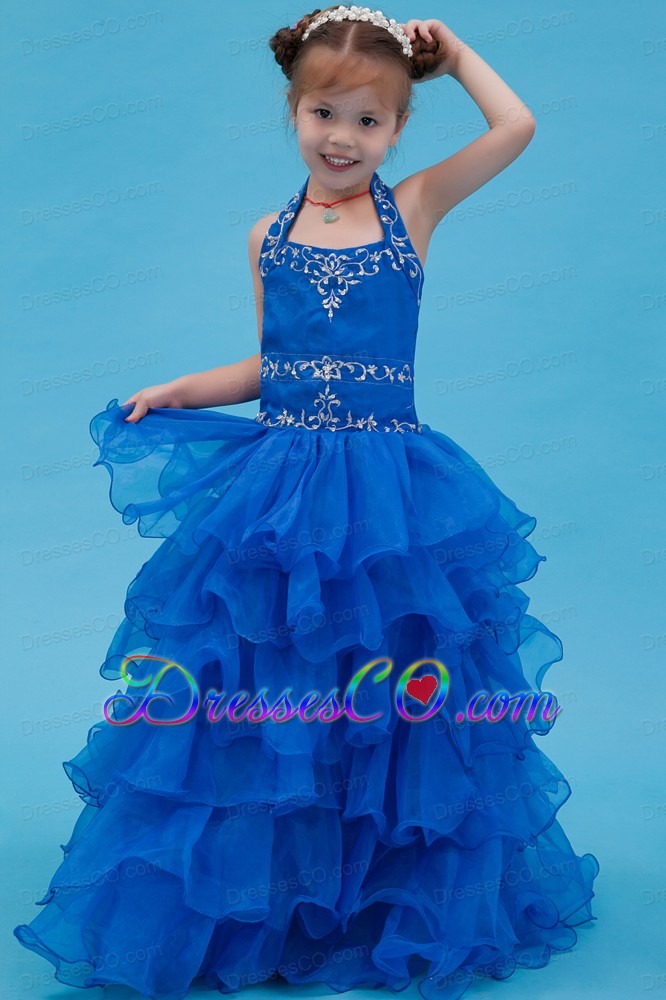 Blue Ball Gown Halter Long Organza Appliques Flower Girl Dress