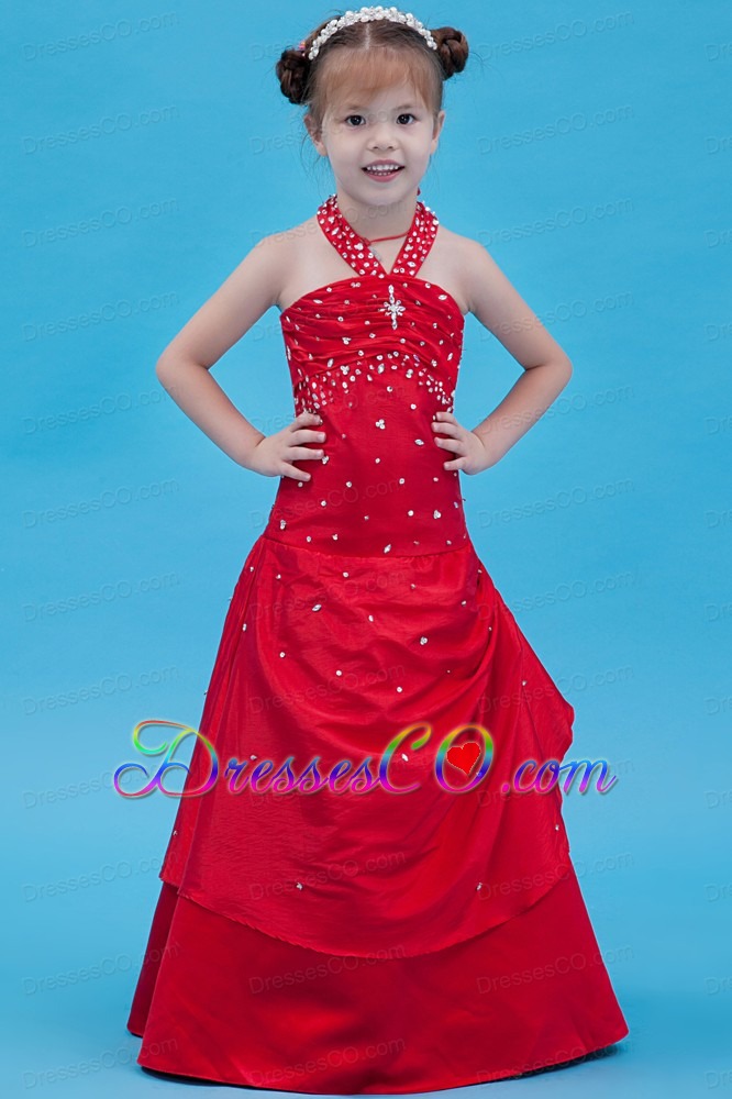 Red A-line Halter Long Taffeta Beading Flower Girl Dress
