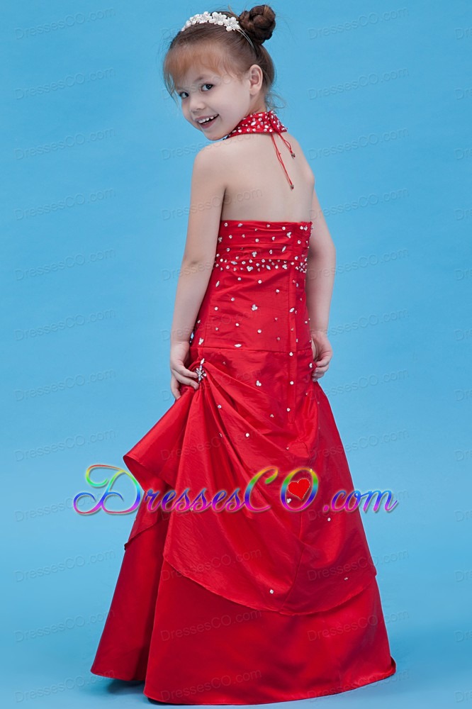Red A-line Halter Long Taffeta Beading Flower Girl Dress
