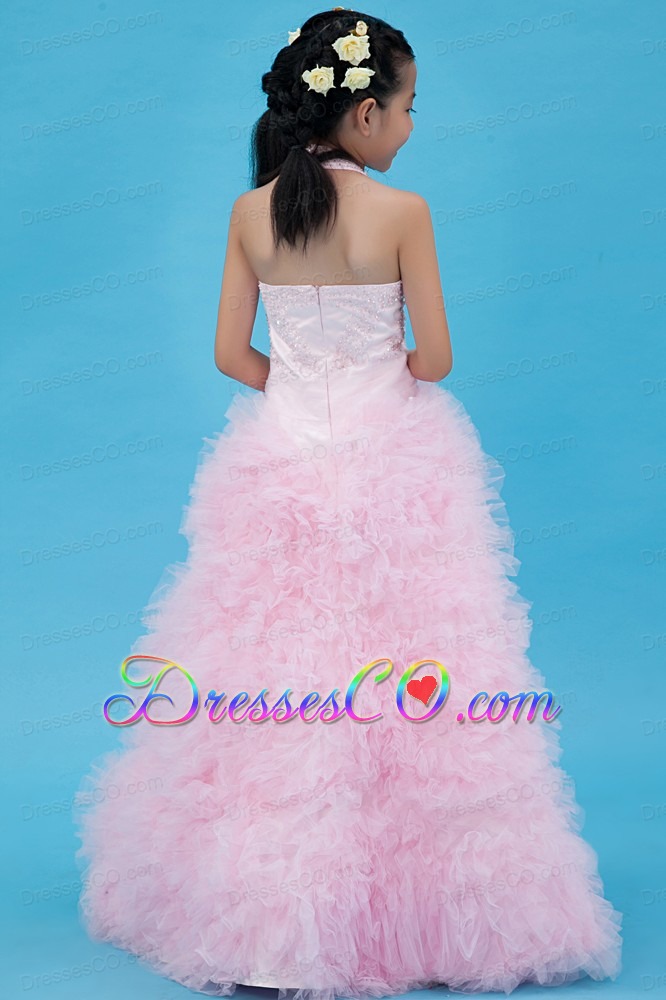 Baby Pink A-line Halter Long Tulle Beading Flower Girl Dress