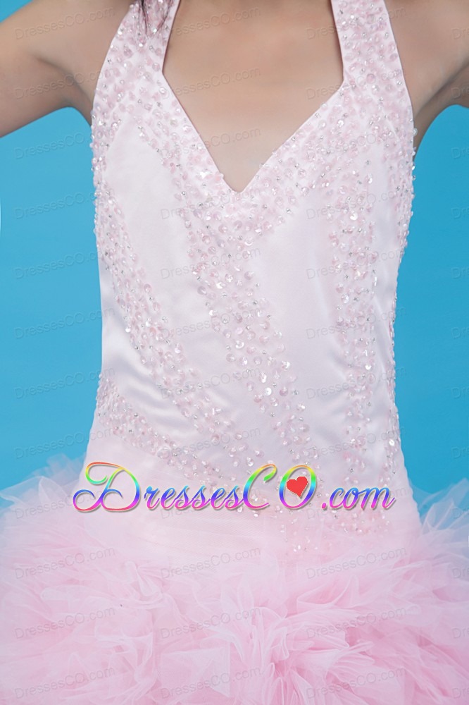 Baby Pink A-line Halter Long Tulle Beading Flower Girl Dress