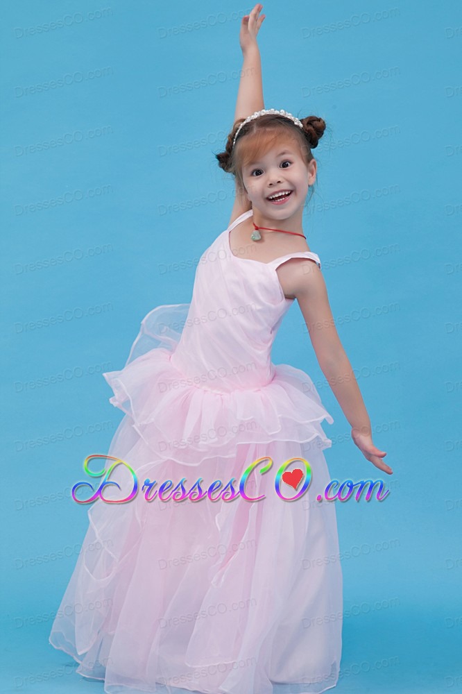 Baby Pink A-line Straps Long Organza Flower Girl Dress