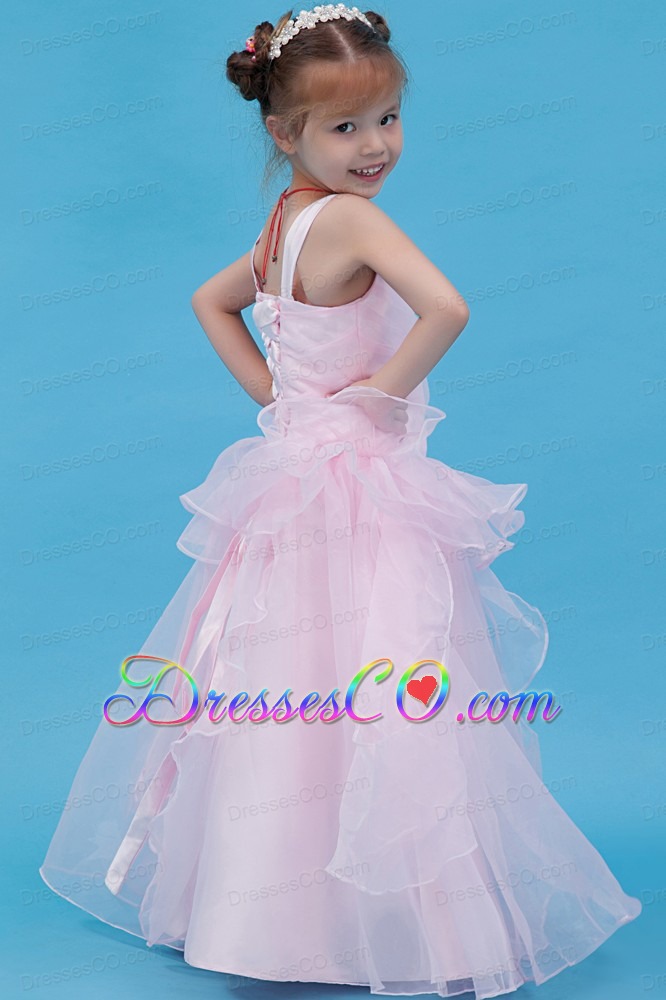Baby Pink A-line Straps Long Organza Flower Girl Dress