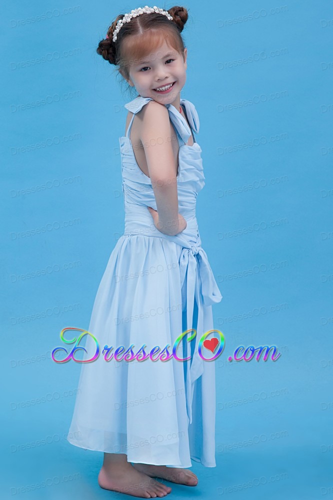 Baby Blue A-line Straps Ankle-length Chiffon Ruching Flower Girl Dress