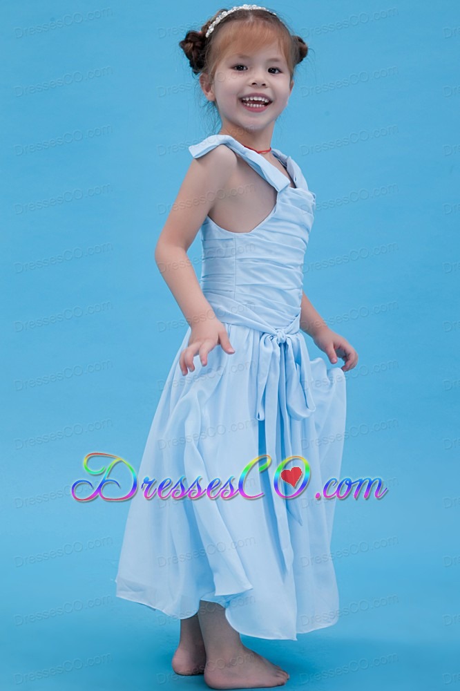 Baby Blue A-line Straps Ankle-length Chiffon Ruching Flower Girl Dress