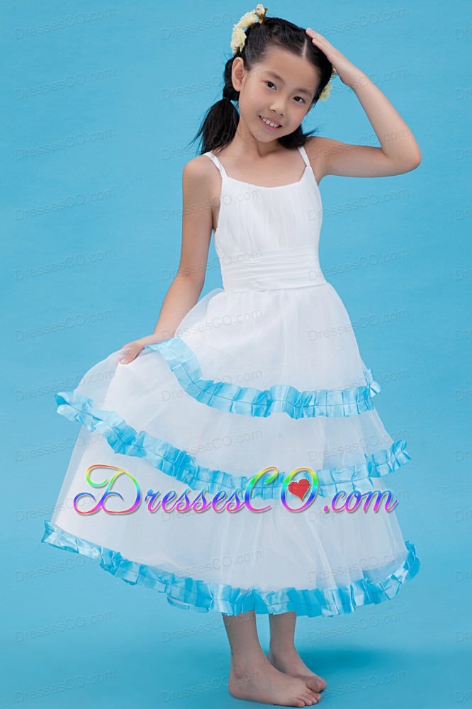 White A-line Straps Ankle-length Organza Ruching Flower Girl Dress