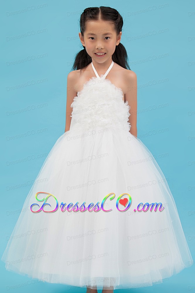 White A-line Halter Ankle-length Tulle Appliques Flower Girl Dress