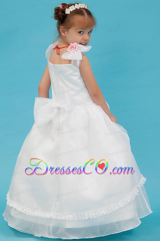 White A-line V-neck Long Organza Hand Made Flowers Flower Girl Dress