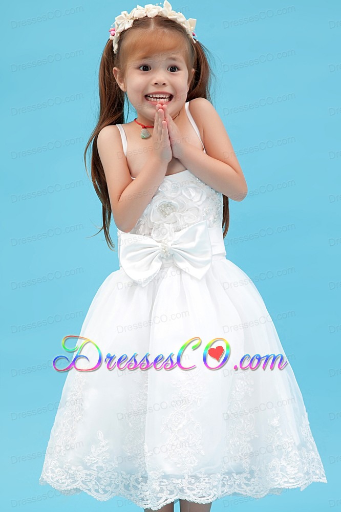 White A-line Straps Ankle-length Organza Sash Flower Girl Dress