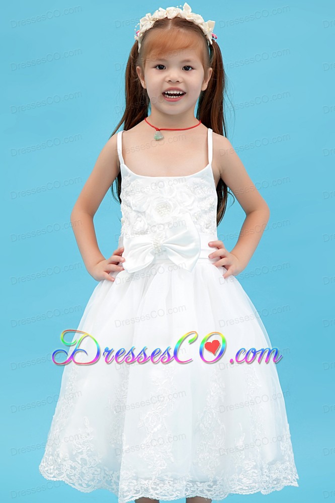 White A-line Straps Ankle-length Organza Sash Flower Girl Dress