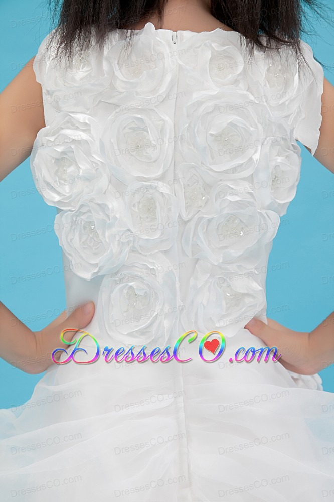 White A-line Scoop Court Train Organza Hand Made Flowers Flower Girl Dress