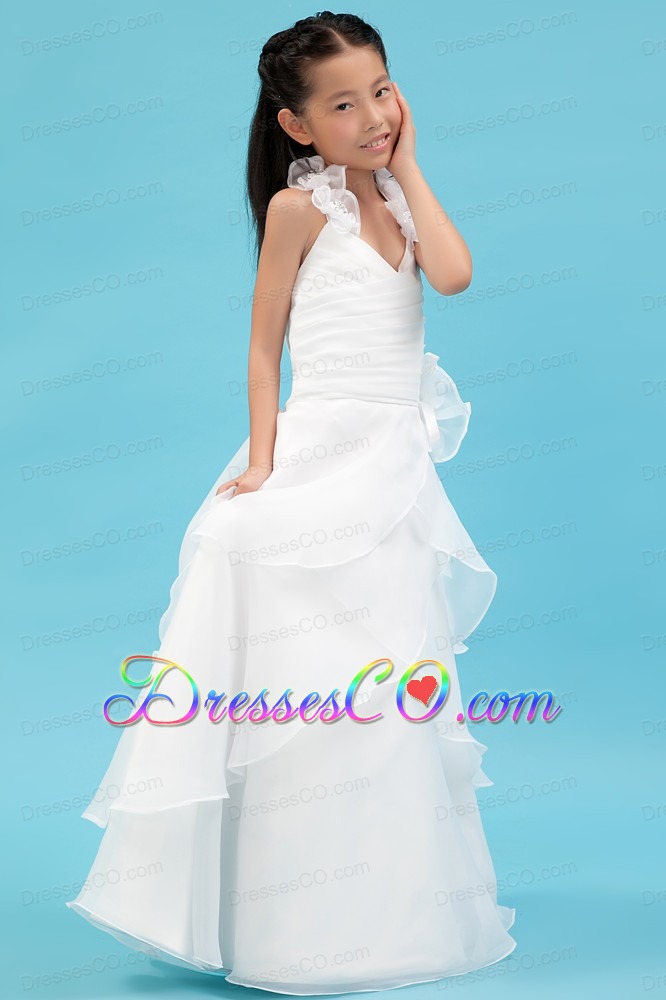 White A-line Halter Long Organza Ruching And Hand Made Flowers Flower Girl Dress