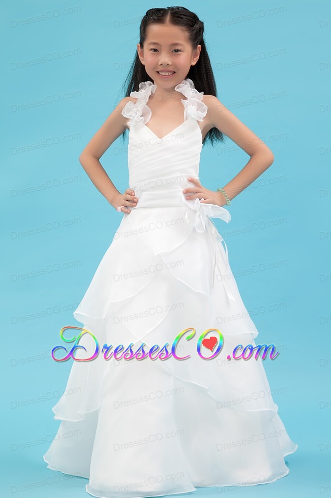 White A-line Halter Long Organza Ruching And Hand Made Flowers Flower Girl Dress