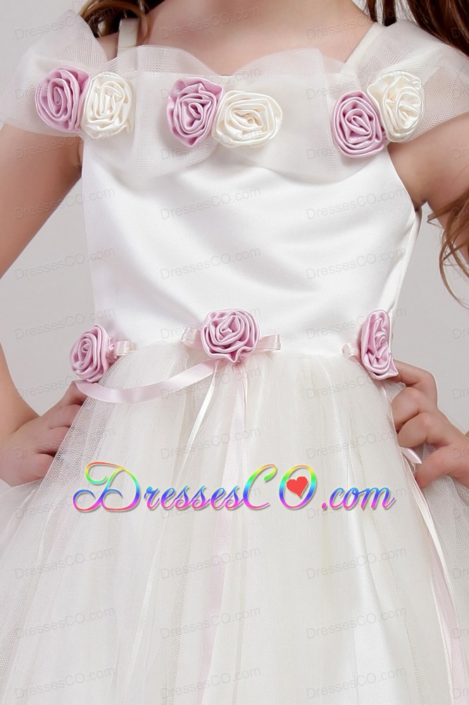 White A-line Square Tea-length Tulle Hand Made Flowers Little Girl Dress