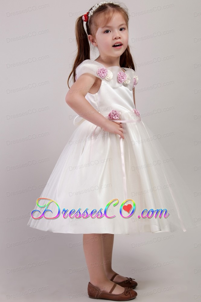 White A-line Square Tea-length Tulle Hand Made Flowers Little Girl Dress