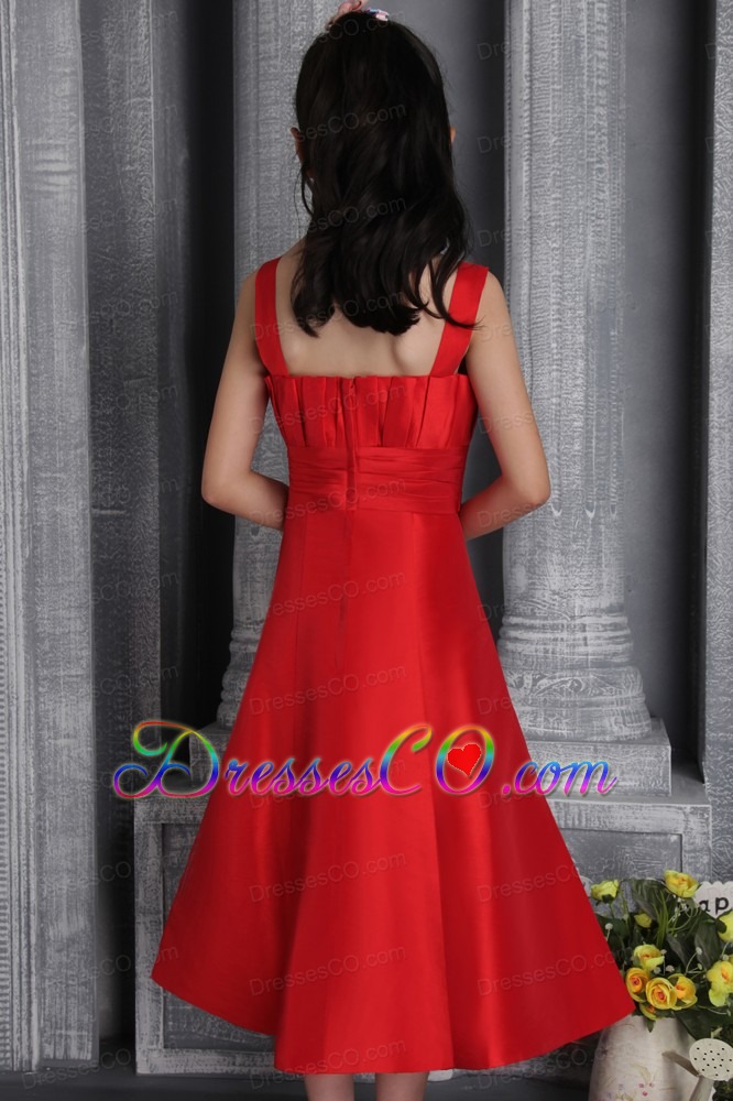 Red A-line / Princess Wide Straps Tea-length Satin Ruching Flower Girl Dress