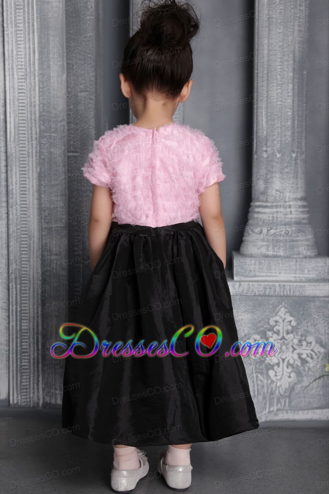 Pink And Black Column / Sheath Scoop Ankle-length Taffeta Ruffles Flower Girl Dress