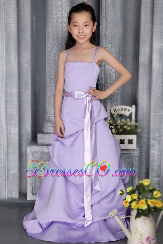 Lilac A-line Straps Brush Train Taffeta Sash Flower Girl Dress
