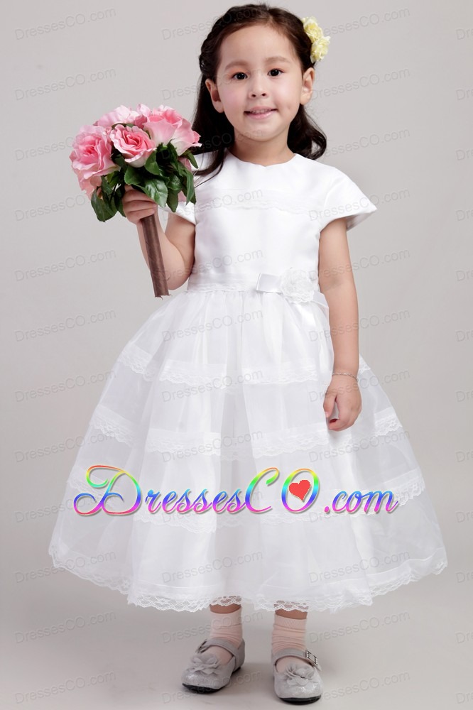 White A-line / Princess Scoop Ankle-length Satin And Lace Hand Made Flower Flower Girl Dress