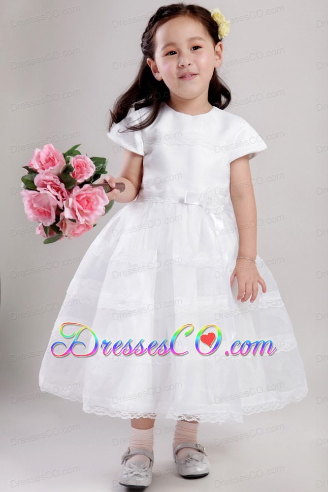 White A-line / Princess Scoop Ankle-length Satin And Lace Hand Made Flower Flower Girl Dress