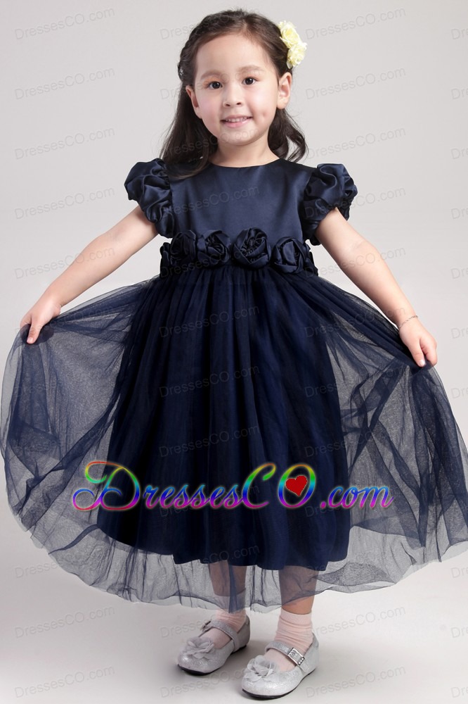 Navy Blue A-line / Princess Scoop Ankle-length Taffeta And Organza Hand Made Flower Flower Girl Dress