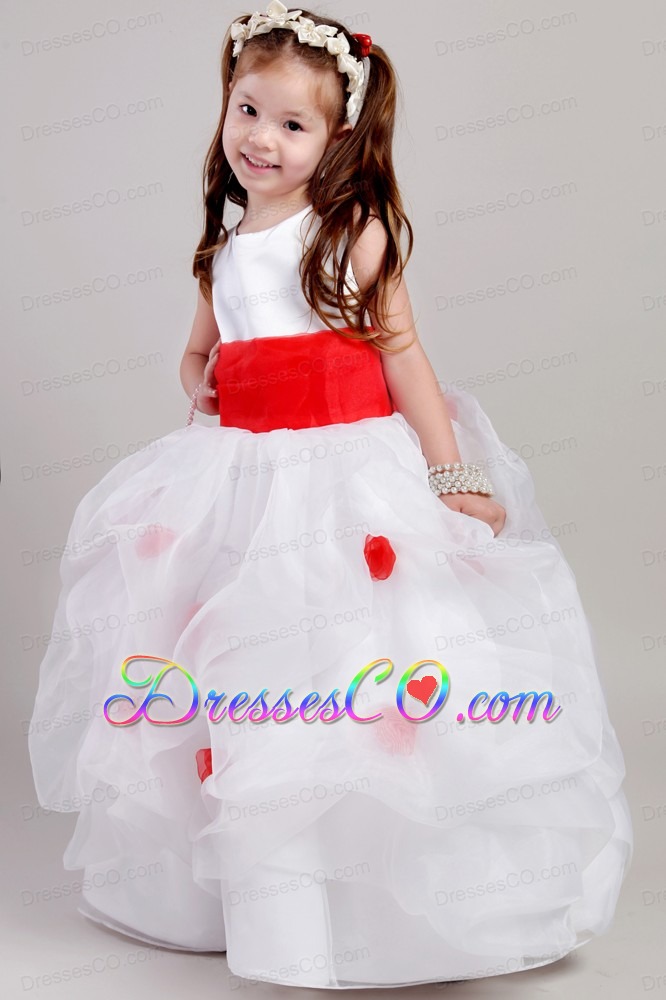 White And Red A-line Scoop Long Taffeta And Organza Bow Flower Girl Dress