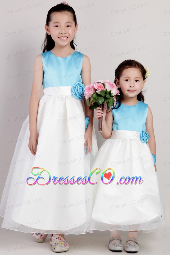 White And Blue A-line Scoop Ankle-length Taffeta And Organza Hand Made Flowers Flower Girl Dress