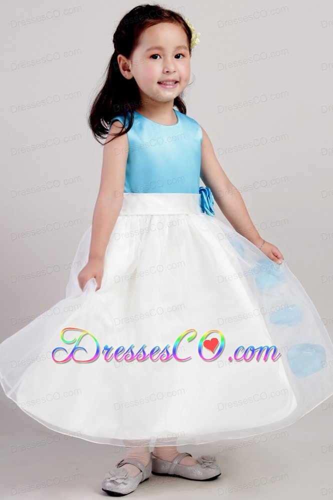 White And Blue A-line Scoop Ankle-length Taffeta And Organza Hand Made Flowers Flower Girl Dress