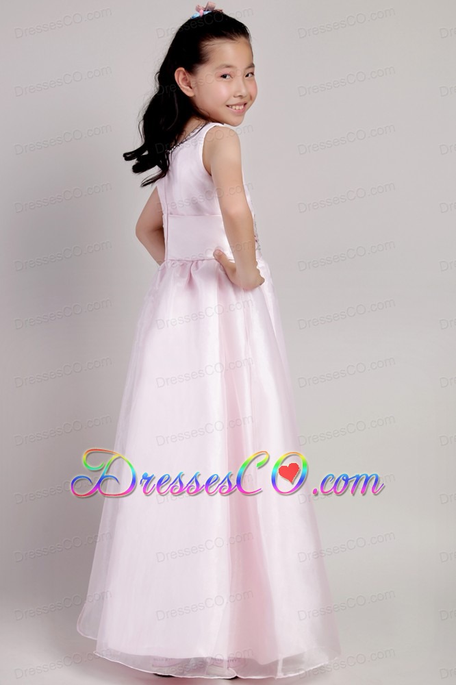 Pink A-line Scoop Ankle-length Taffeta And Organza Beading Flower Girl Dress