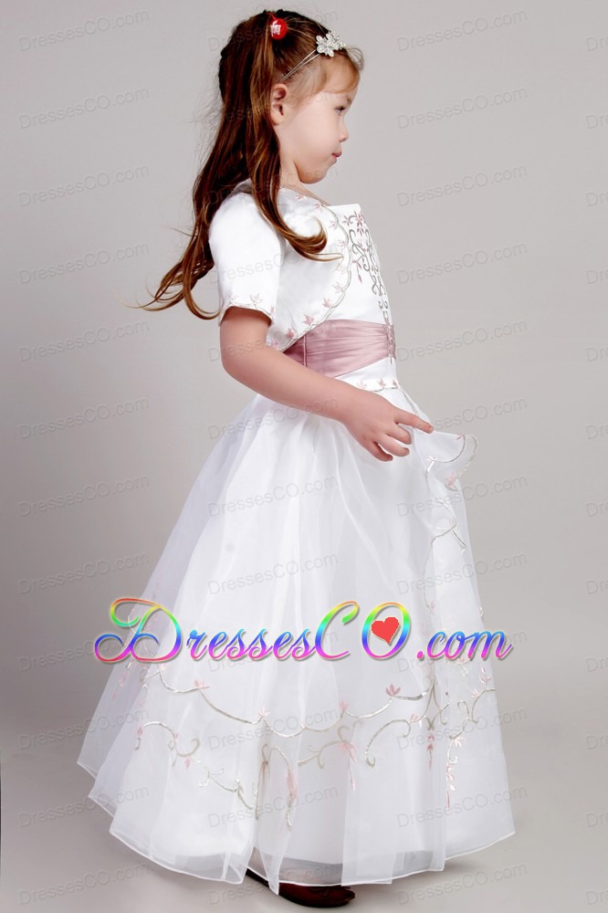 White A-line Straps Ankle-length Taffeta And Organza Embroidery Flower Girl Dress
