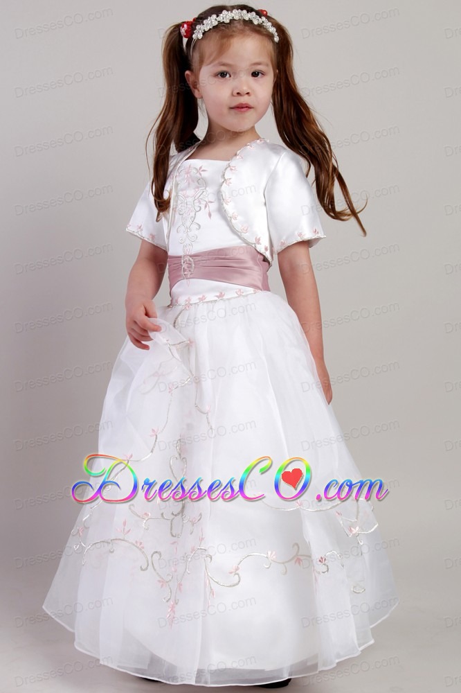 White A-line Straps Ankle-length Taffeta And Organza Embroidery Flower Girl Dress