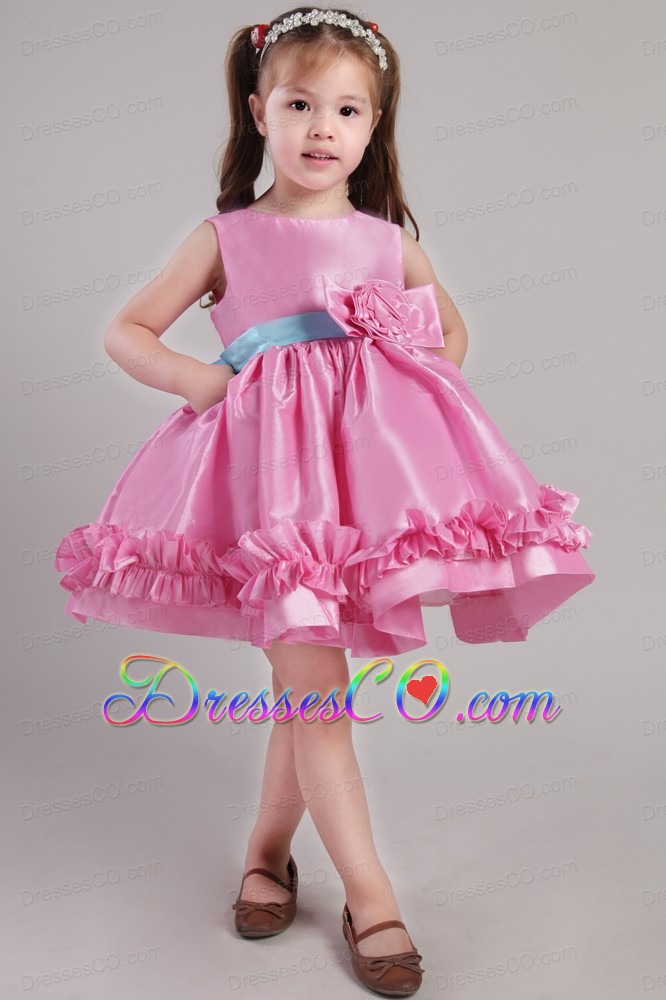 Rose Pink Princess Scoop Knee-length Taffeta Belt And Hand Made Flowers Little Girl Dress