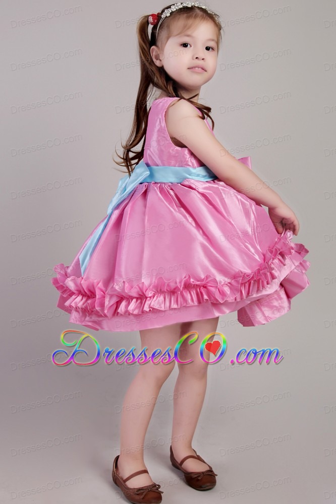 Rose Pink Princess Scoop Knee-length Taffeta Belt And Hand Made Flowers Little Girl Dress