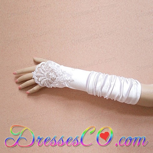 Satin Fingerless Elbow Length Bridal Gloves With Beading And Ruching