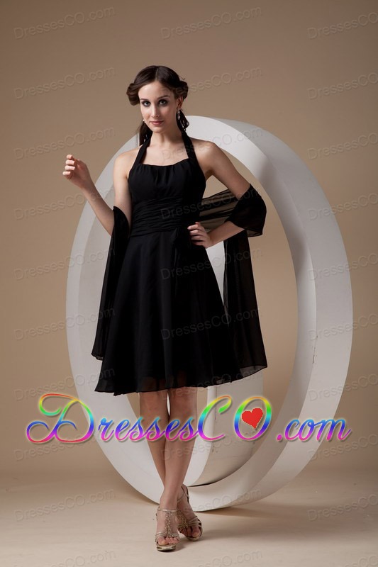 Popular Black Cocktail Dress Column / Sheath Halter Chiffon Ruched Knee-length