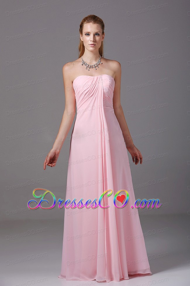 Pink Long Strapless Chiffon Ruched Empire Bridesmaid Dress