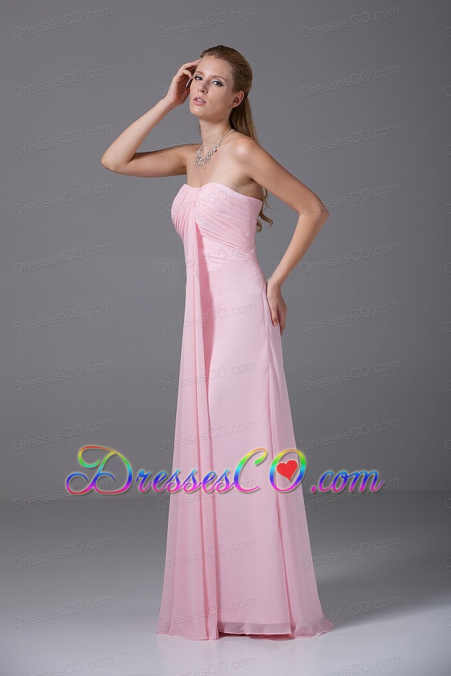 Pink Long Strapless Chiffon Ruched Empire Bridesmaid Dress