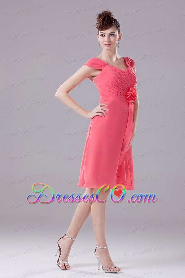 Ruched And Hand Made Flower Knee-length Straps Chiffon A-line Watermelon Bridesmaid Dress
